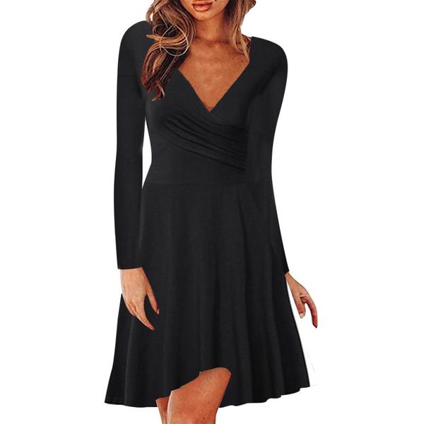 

casual dresses for women 2021 dress fashion stylish solid a-line long-sleeved v-neck elegant robe Ã©tÃ© vestido de mujer, Black;gray