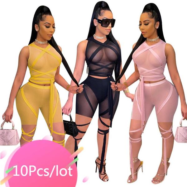 

women's tracksuits bulk item wholesale lots party club outfits womens mesh sheer see through bandage five length pants summer nigh, Gray