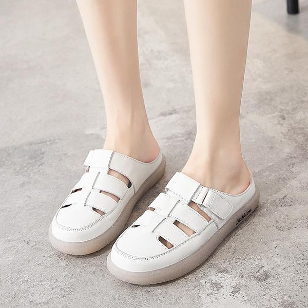 

slippers 2021 genuine leather platform slip on slides women flat shoes fashion summer casual outdoor hollow buckle strap female, Black