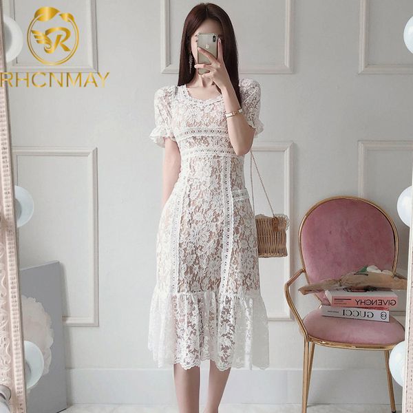 

new 2021 summer elegant stitching lace office dress womens slim sheath mermaid dresses korean flowers work bodycon vestidosswimwear bathing, Black;gray