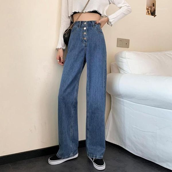 

women's jeans women's autumn korean version pants solid color buttons loose high waist slimming straight, Blue