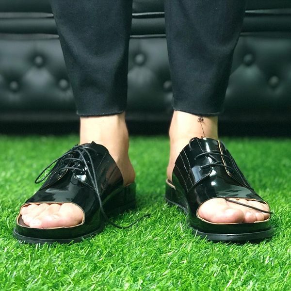 

sandals 2021 genuine cow leather open toe slippers black men summer lace up flats outdoor slip beach flip flops big size