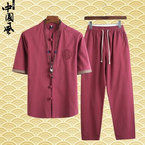 

tracksuits sport suit fashion classic 2021 chinese style cotton linen men's short sleeve shirt summer cardigan two piece, Gray