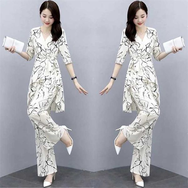 

oversize women summer clothing set fashion high waist wide leg pants & irregular hem two pieces suits good quality 211103, White