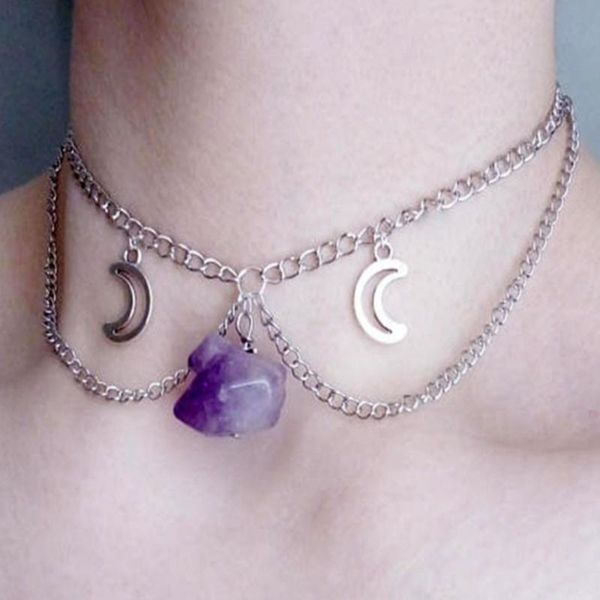 

pendant necklaces fyjs unique silver plated irregular shape natural amethysts stone layer chain choker necklace moon jewelry