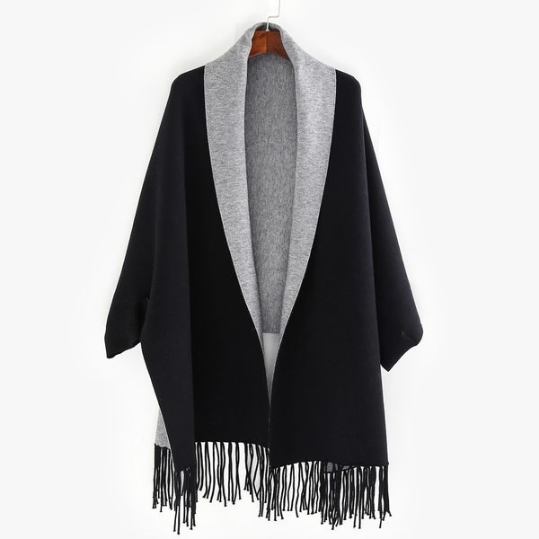 

2021 oversize scarf winter knitted poncho women solid female batwing sleeves wrap vintage shawl long thick poncho capesg, Blue;gray