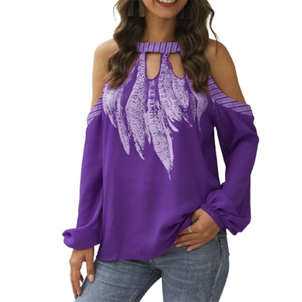 Плюс размер шифон рубашка женщины сексуальные с плеча, выладая перья перья повседневная свободная блузка осень o шеи с длинным рукавом вершины 210522