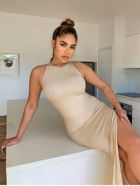 

casual dresses summer beige white dress backless split cut out sleeveless 2 layer elastic bodycon maxi club for women 2021, Black;gray