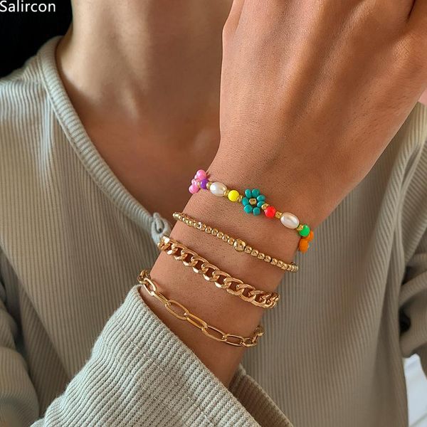 

beaded, strands punk multi layer chain link bracelets for women colorful plastic seed beads bracelet on hand elastic jewelry friendship gift, Black