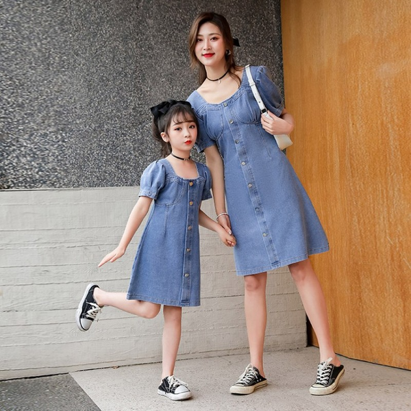 

denimdressforgirlsmotherandkidsthefamilyofsuitsmommyanddaughtermatchingclothesprincessdressforgirlsmomgirls, Red;yellow