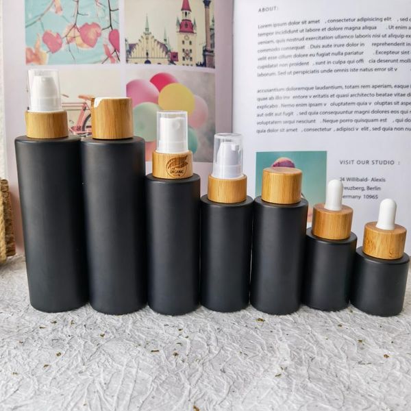 

storage bottles & jars black glass cosmetic toner with bamboo disc lids cap containers skin care lotion packaging 20ml 1 oz 40ml 50ml 60ml 8