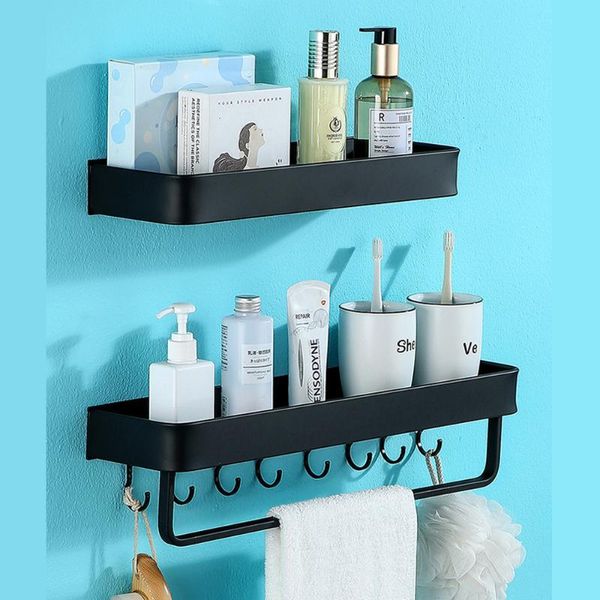 

bathroom wall mount storage rack kitchen organizer shelves no drilling adhesive bathtoom shower holder with hook