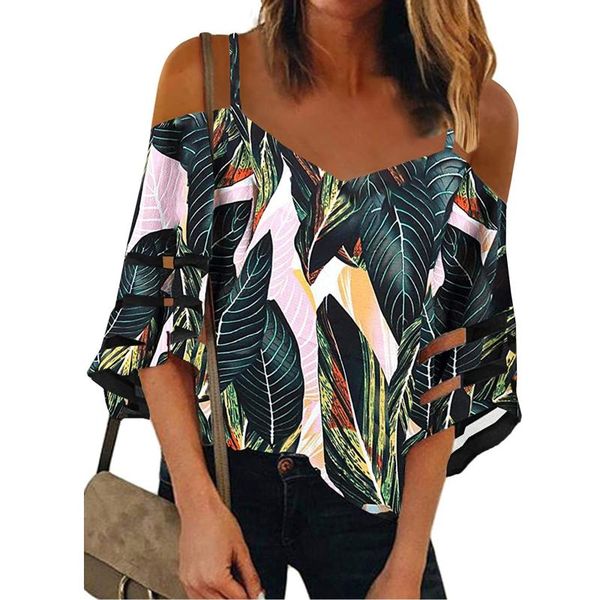 

women's blouses & shirts blouse off shoulder v neck print mesh panel 3/4 bell sleeve dew casual summer plus size elegant shirt, White