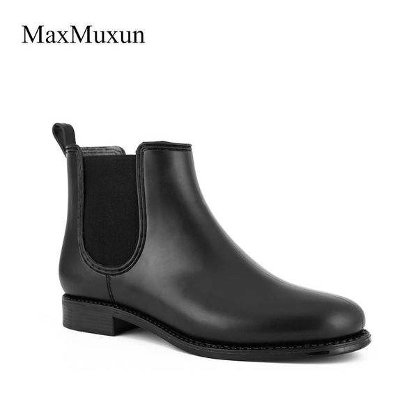 

boots maxmuxun woman black solid elastic rain slip on round toe chunky thick heel ankle women rubber platform rainy shoes