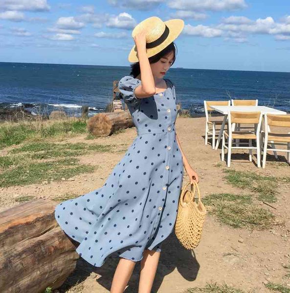

summer casual dot print knee length dress female dresses sweet beach holiday dress 210514, Black;gray