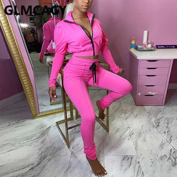 

women two piece solid track suits puff sleeve zipepr jacket & casual drawstring pantsset 210702, White