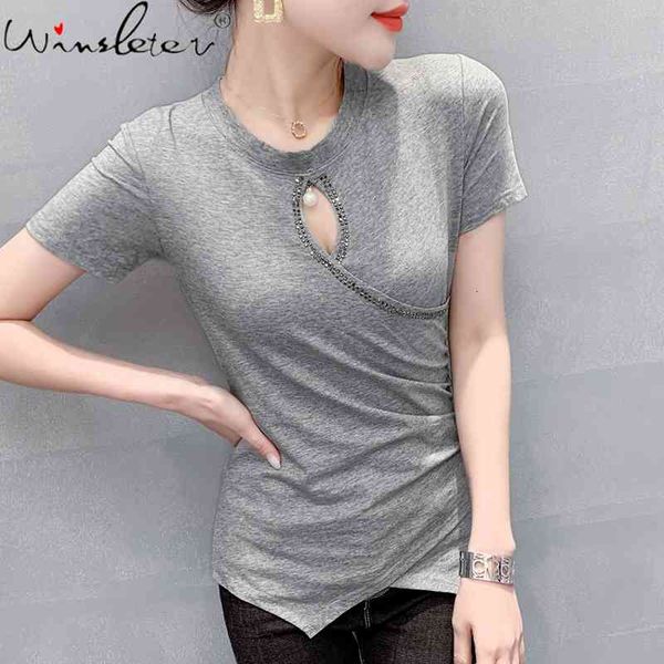 

women's t-shirt summer european clothes cotton fashion irregularity hollow out diamonds women short sleeve tees t14812a, White