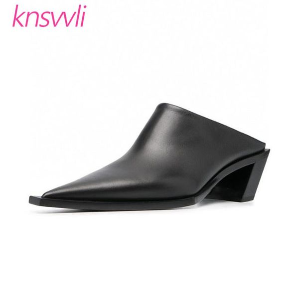 

oblique chunky heels women slippers pointed toe genuine leather mules woman slides wedge catwalk designer shoes, Black