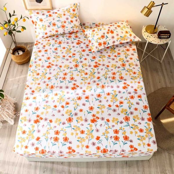 Bonenjoy 3 PCS Folha em Borracha com Pillowcase Pequena Flor Reativa Impresso Folha Ajustada Folhas de Cama Queen set 210626