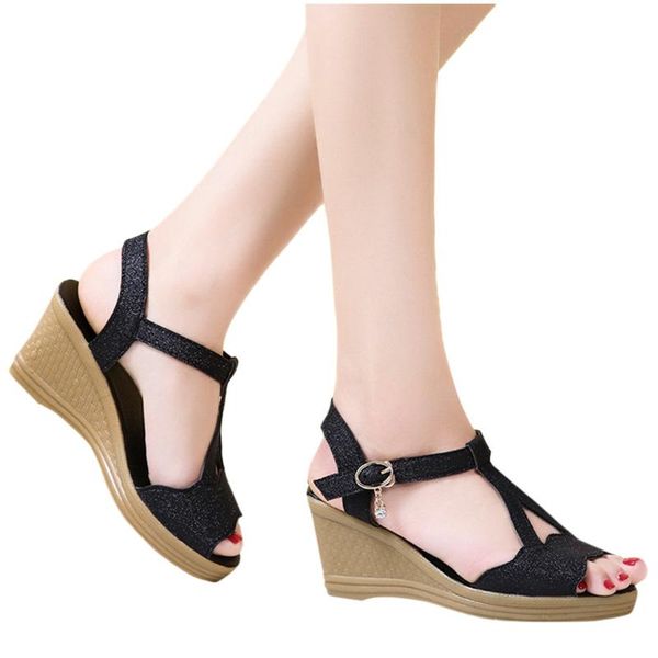 

platform sandals women wedges heel gladiator shoes elegant belt buckle thick bottom chaussures femme, Black