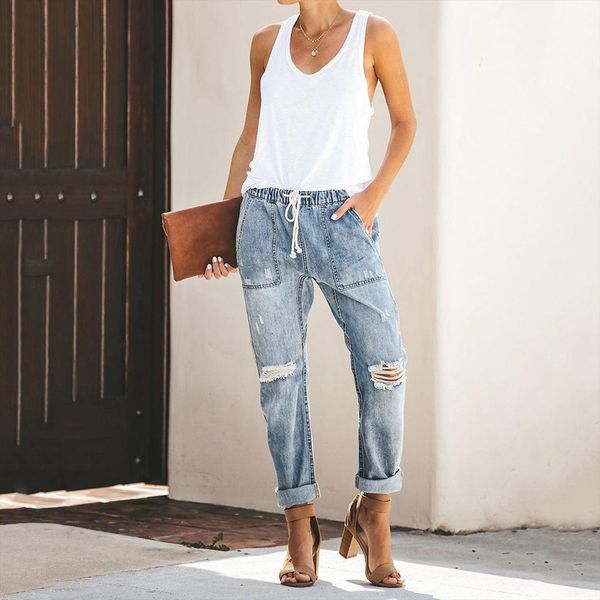 

pull on distressed denim joggers women jeans elastic waist stretch pants broken holes drawstring ripped pencil, Blue