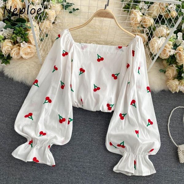 

neploe sweet cherry pattern women blouse square collar puff sleeve cute shirt fresh fashion back drawstring femme blusas women's blouse, White