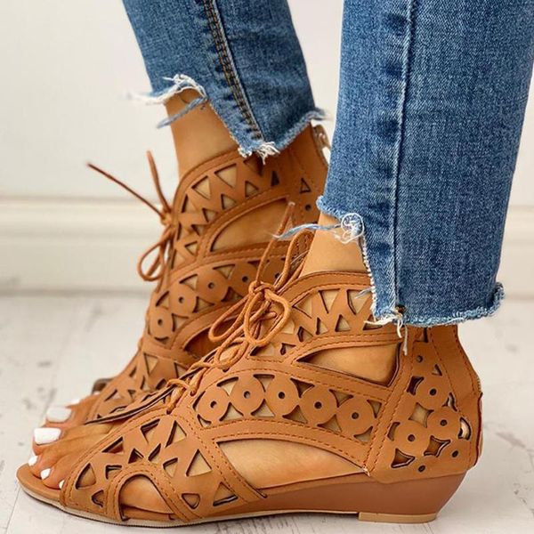 

sandals ribetrini retro women shoes solid lace up open toe wedges rome casual leisure vintage summer tzv3, Black
