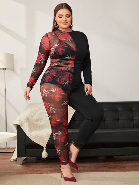

plus floral sheer mesh jumpsuit a3ng#, Black