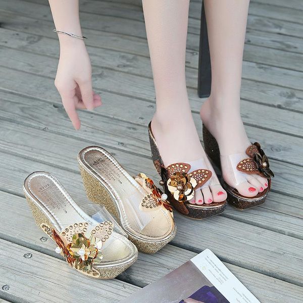 

slippers summer wedge outdoor waterproof platform rhinestone flower sequined open toe shallow mouth sandals, Black