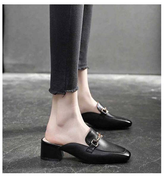 

sandals summer low heeled women's shoes british casual thick heel lady square toe large women slippers, Black