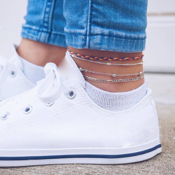 

foot fashion 4pcs/set summer beach women weave rope chain anklet barefoot ankle bracelet jewelry, Red;blue