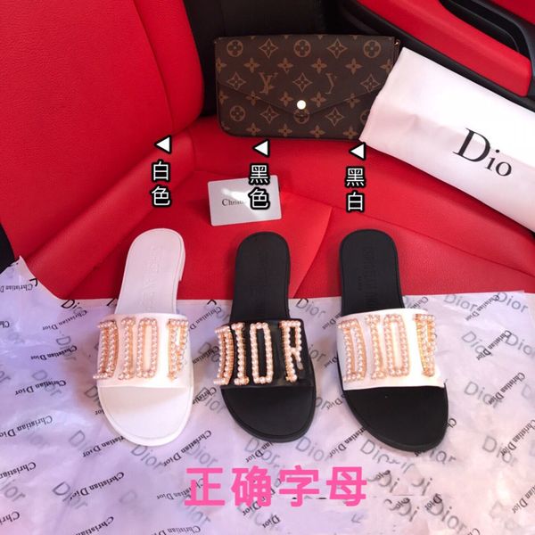 

slippers designer luxury family metal letter slippers women's 2021 new pearl slipper net[finished on april 24] sandals zly, Black