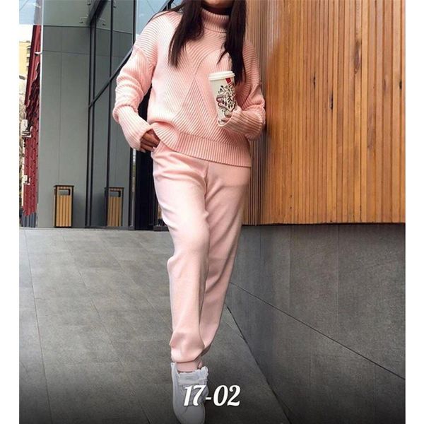 

two piece dress knitted sweater tracksuit women's suit turtleneck pantsuit set female autumn warm sportswear jogging, White