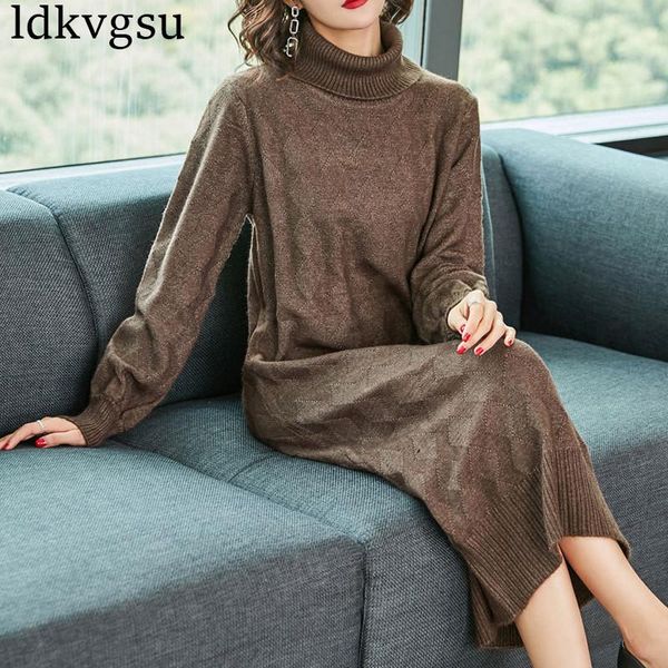 

casual dresses 2021 autumn winter korean elegant solid color turtleneck knit dress women fashion long sleeve sweater female v203, Black;gray