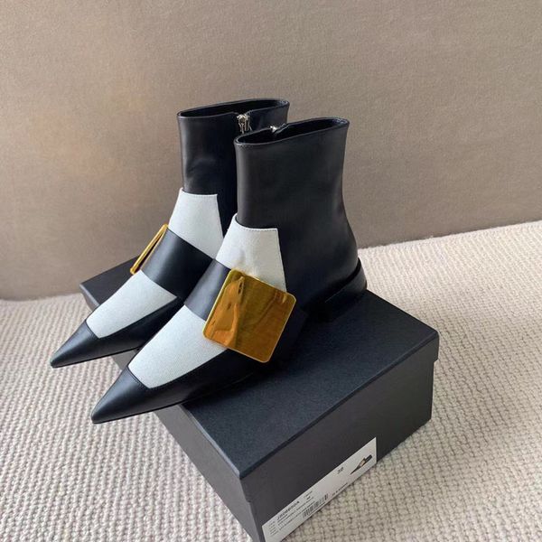 

niche brand high-quality womens boots, italian leather outsole, pointed flat bottom color matching, metal square buckle, ankle , half-sectio, Black