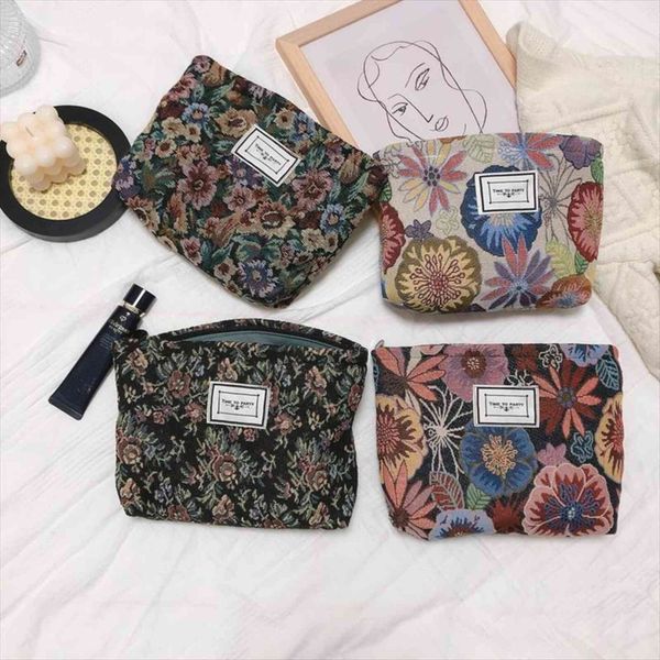 

flowers jacquard cloth cosmetic women bags makeup handbag art style thick canvas high capacity zipper