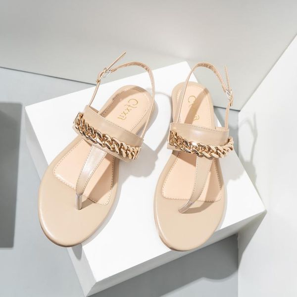 

sandals summer soft pu leather beach slippers women flip flops gold chain decor flat shoes woman fashion gladiator, Black