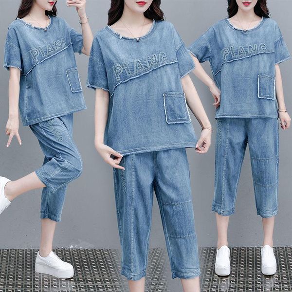 

casual dresses real shooting in stock korean loose large size slim two piece retro denim suit summer thin women, Black;gray