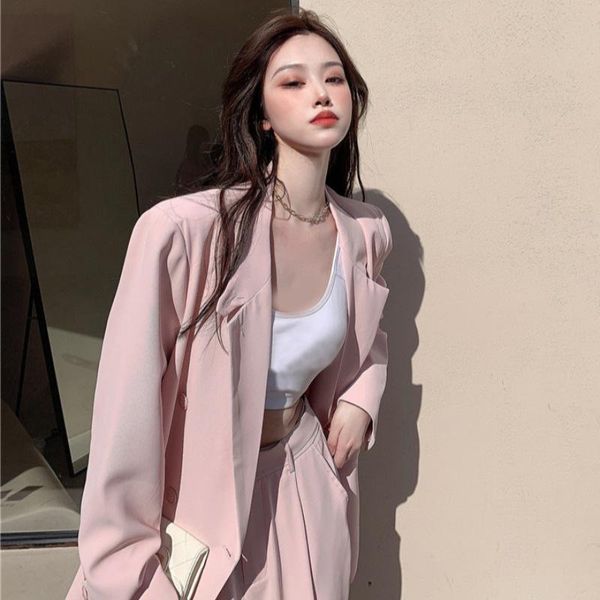 

women's two piece pants two-pieces women blazer suit elegant woman jacket and trousers female pink chic outfit office ladies, White