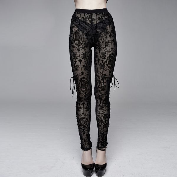 

gothic women leggings fitness pants plus size pants perspective trousers side straps women clothes, Black