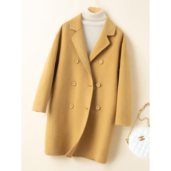 

women's wool & blends fashion elegant button up collared coat women casual office lady turndown collar long sleeve loose autumn winter, Black