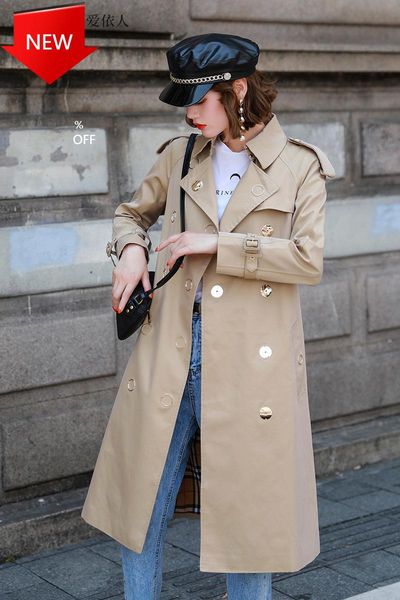 

women's trench coats united states metal double-breasted loose cotton lapel casual long windbreaker, Tan;black