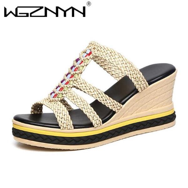 

summer wedges slippers platform high heels women slipper ladies outside shoes basic weaving wedge flip flop sandals 2021, Black