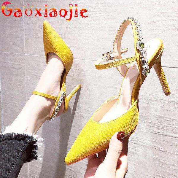 

sandals gaoxiaojie women shoes 2021 summer fashion rhinestone buckle strap pointed toe snake print career high heels1, Black