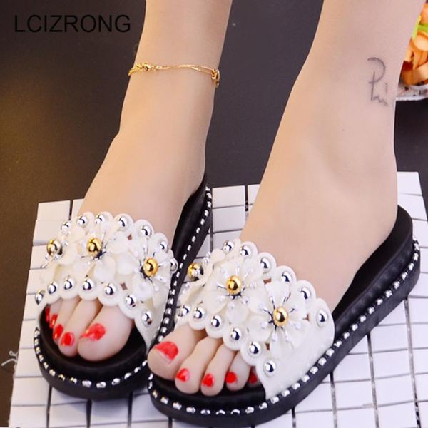 

slippers lcizrong summer women slaps beach flower bohemia outside ladies slides rubber sole platform female mules, Black