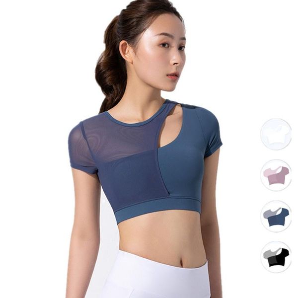 

yoga outfit 2021 net patch hollow line fitness short sleeve t-shirt women's elastic tight dance training top