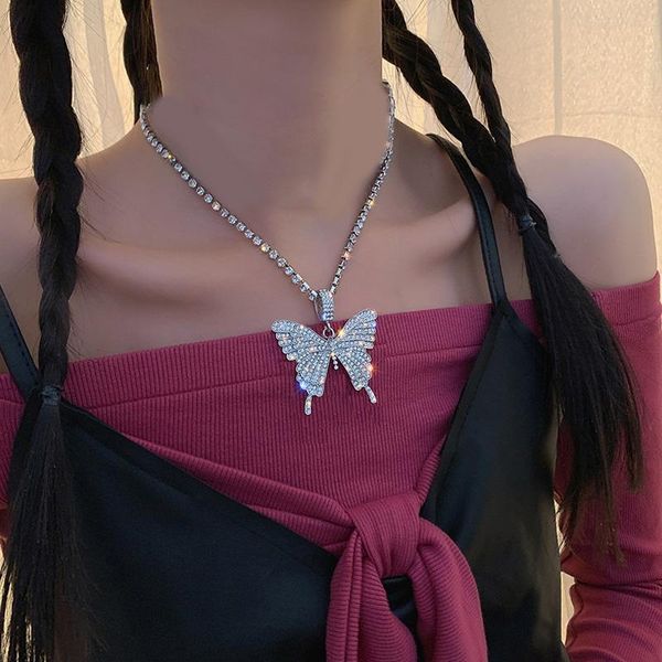 

fashion big butterfly pendant necklace for women girl bling tennis chain crystal choker jewelry friend bridesmaid gift necklaces, Silver