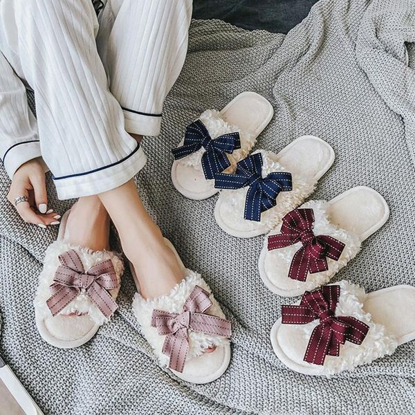

slippers autumn winter chic open-toe house women fur bow-knot bedroom ladies flat shoes warm plush elegant girls furry slides, Black