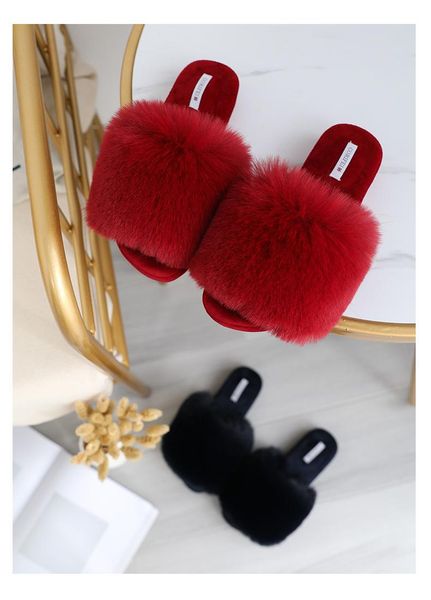 

natural velvet winter warm fur slippers ladies home shoes indoor 2021 luxury wool casual slipper, Black