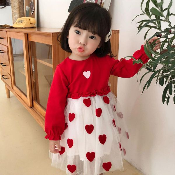 

sweet autumn newborn infant baby girl dress cotton toddler love print mesh party dresses for girls fashion clothes, Red;yellow